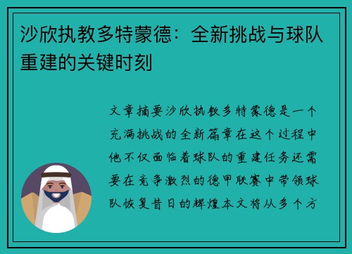 沙欣执教多特蒙德:全新挑战与球队重建的关键时刻